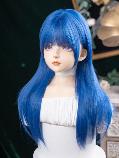 Straight Length 63CM Blue Full Wig With Bangs