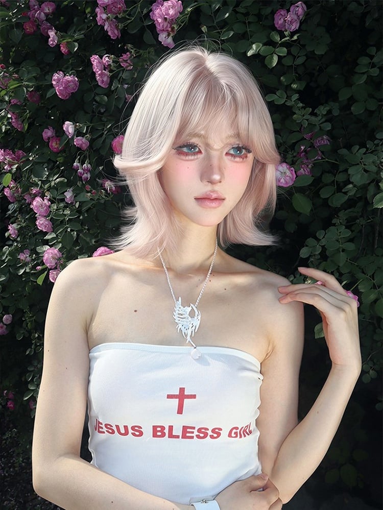 35CM With Bangs Curtain Short Pink Wig Length Light