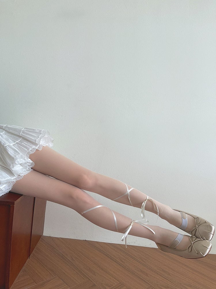Semi-sheer Lolita Self-tie White Straps Tights