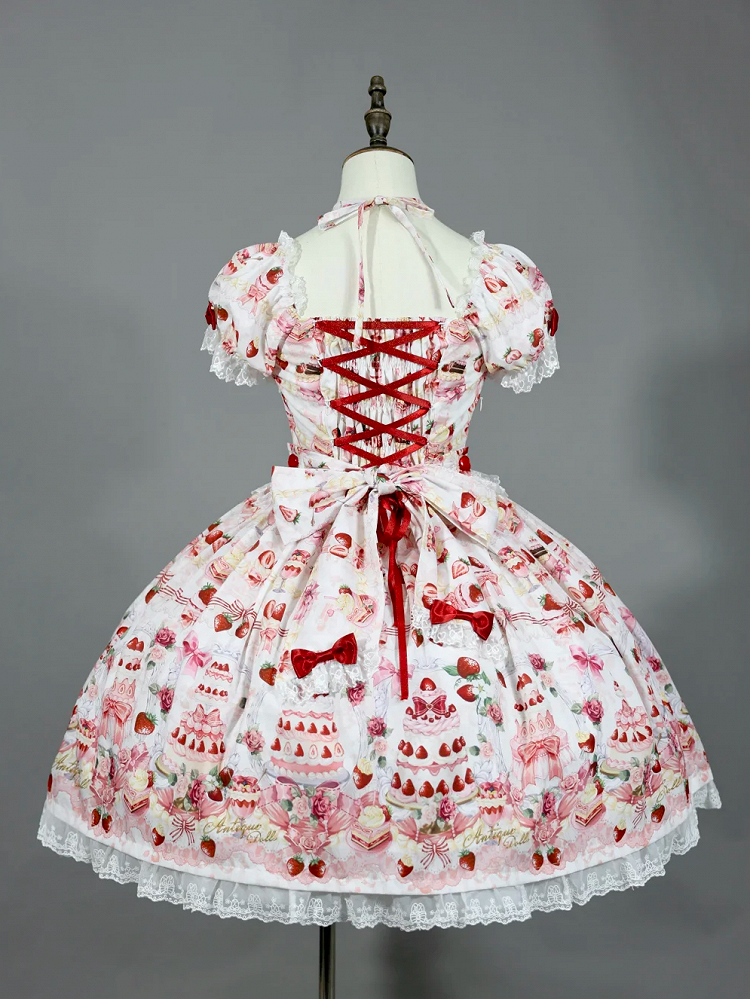 Sweet Cake White / Print Bow Accents Lolita Strawberry Set Full Dress