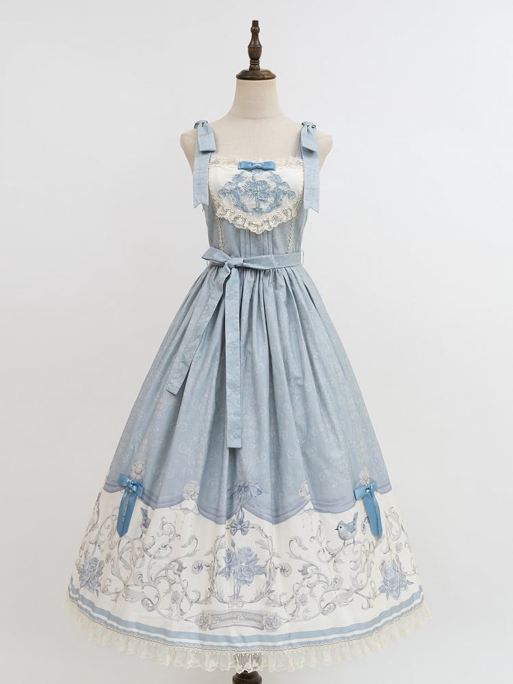 Floral Lolita Blue and Titmouse Print Skirt Jumper