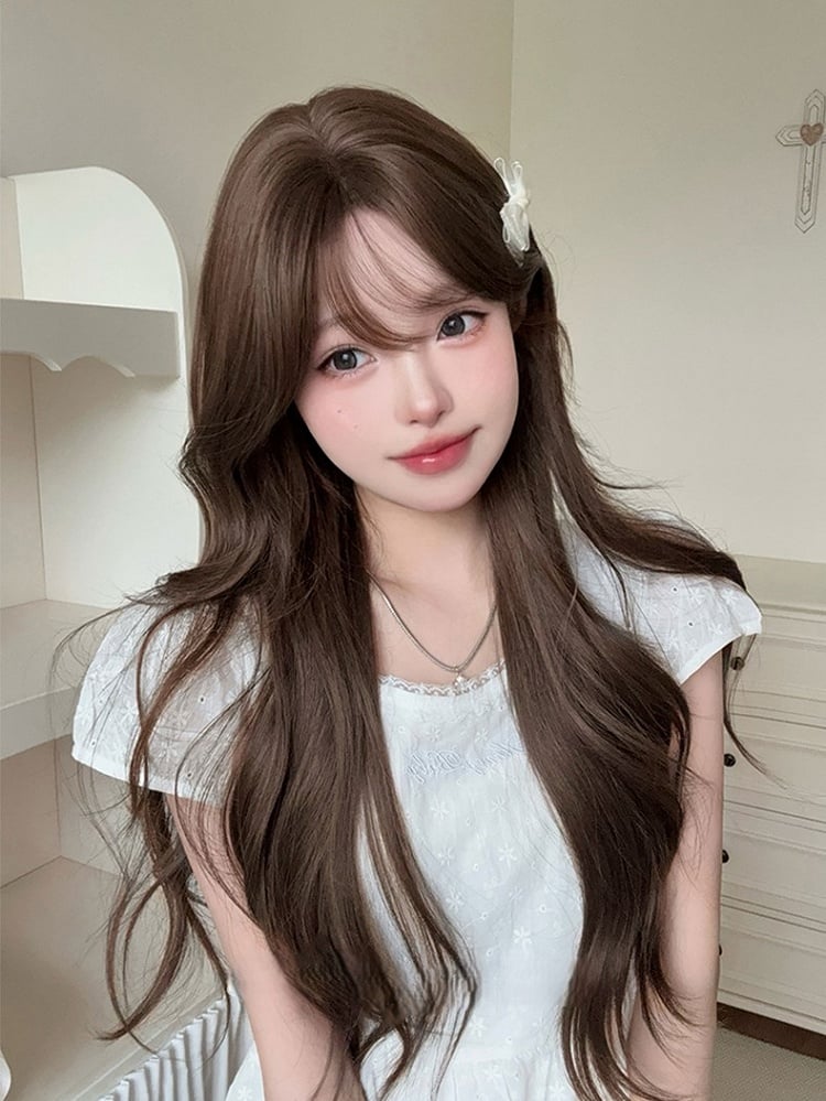 Bangs Length 71CM Air Brown Wig With Wavy