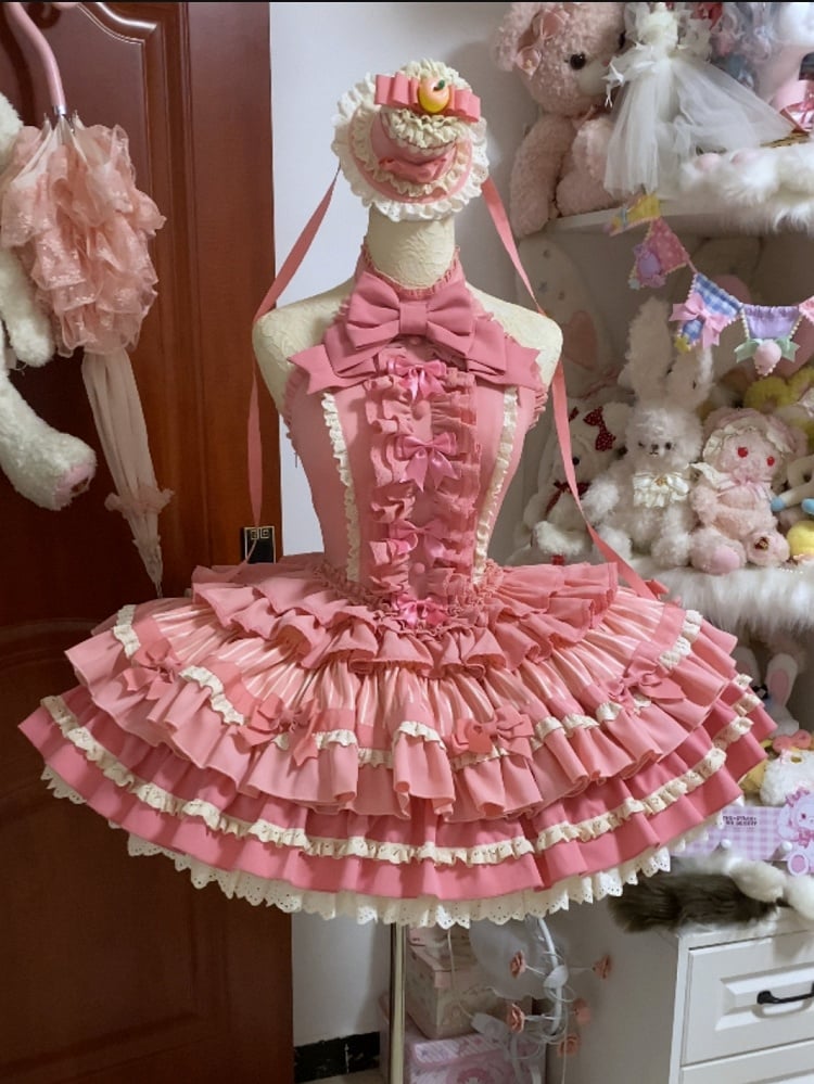 Halter Lolita Dress Sweet Idol Rose Accents Bow Ruffle Skirt Tiered Neck Pink