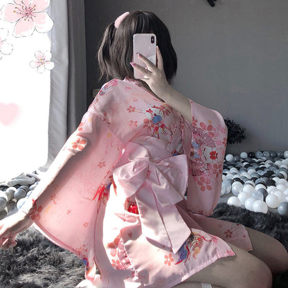 Sakura Mice Print Kimono Bathrobe - Pink / One Size