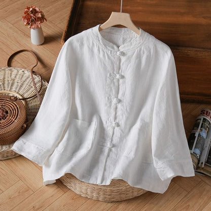 3/4-Sleeve Band Collar Plain Hanfu Linen Shirt