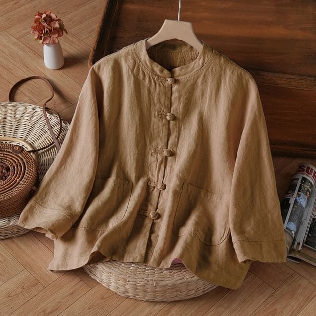 3/4-Sleeve Band Collar Plain Hanfu Linen Shirt - Camel / M