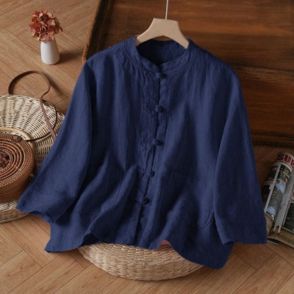 3/4-Sleeve Band Collar Plain Hanfu Linen Shirt - Navy Blue