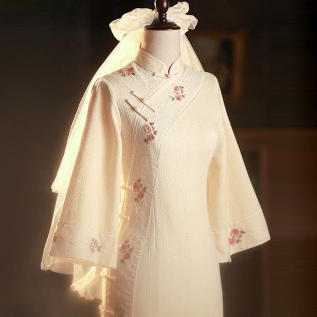 3/4-Sleeve Floral Embroidered Midi Qipao - Almond / S