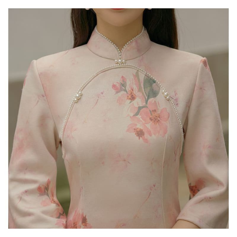 3/4-Sleeve Floral Print Faux Pearl Faux Suede Midi Sheath