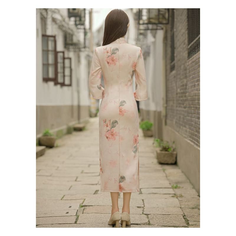 3/4-Sleeve Floral Print Faux Pearl Faux Suede Midi Sheath