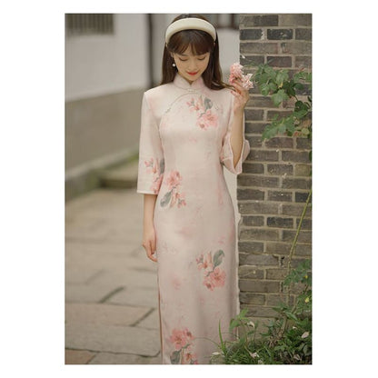 3/4-Sleeve Floral Print Faux Pearl Faux Suede Midi Sheath