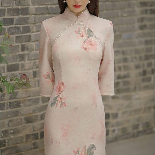 3/4-Sleeve Floral Print Faux Pearl Faux Suede Midi Sheath