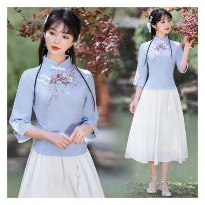 3/4-Sleeve Mock Neck Floral Embroidered Hanfu Top