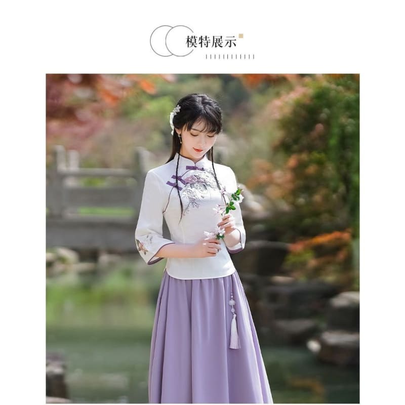 3/4-Sleeve Mock Neck Floral Embroidered Hanfu Top