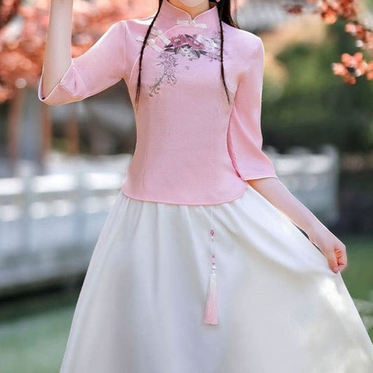 3/4-Sleeve Mock Neck Floral Embroidered Hanfu Top