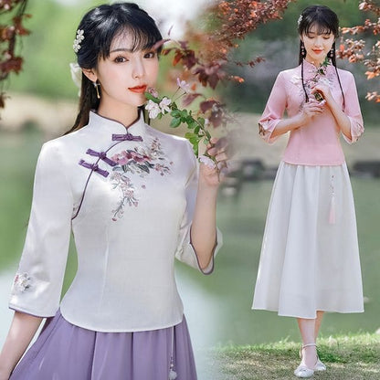 3/4-Sleeve Mock Neck Floral Embroidered Hanfu Top - Pink / M