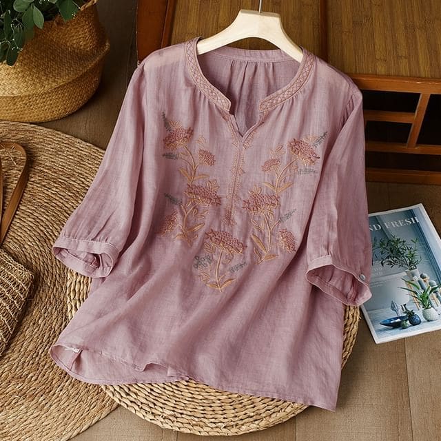 3/4-Sleeve Notch Neck Floral Embroidered Linen Blouse