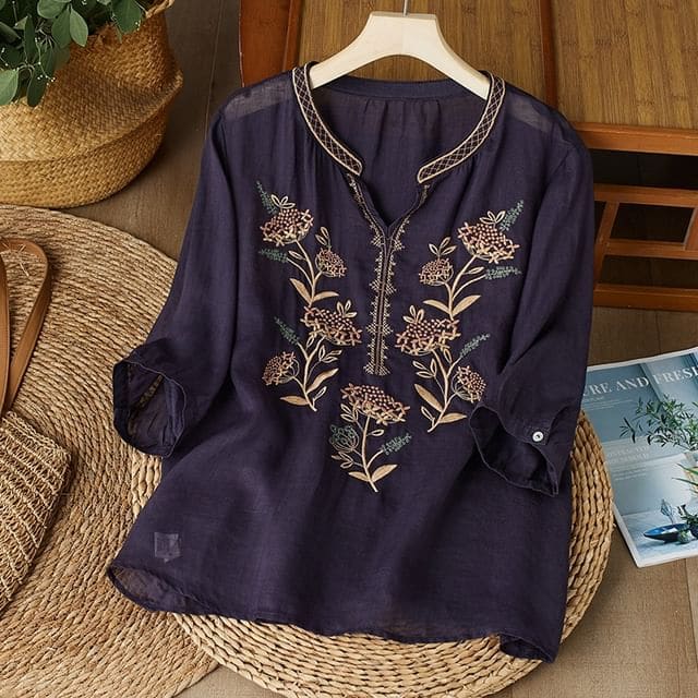 3/4-Sleeve Notch Neck Floral Embroidered Linen Blouse