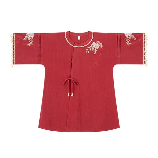 3/4-Sleeve Round Neck Embroidered Hanfu Top / Wide Leg