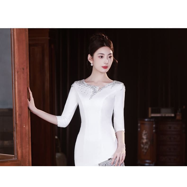 3/4-Sleeve Scoop Neck Rhinestone Mermaid Evening Gown