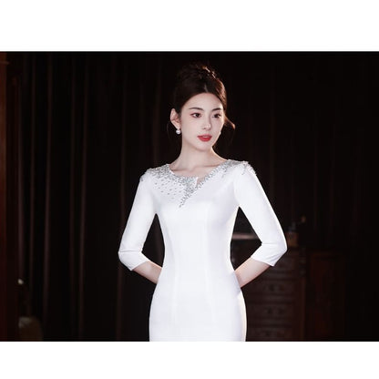 3/4-Sleeve Scoop Neck Rhinestone Mermaid Evening Gown