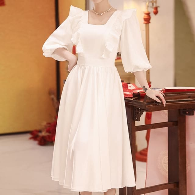 3/4-Sleeve Square Neck Plain Ruffle Trim Midi A-Line