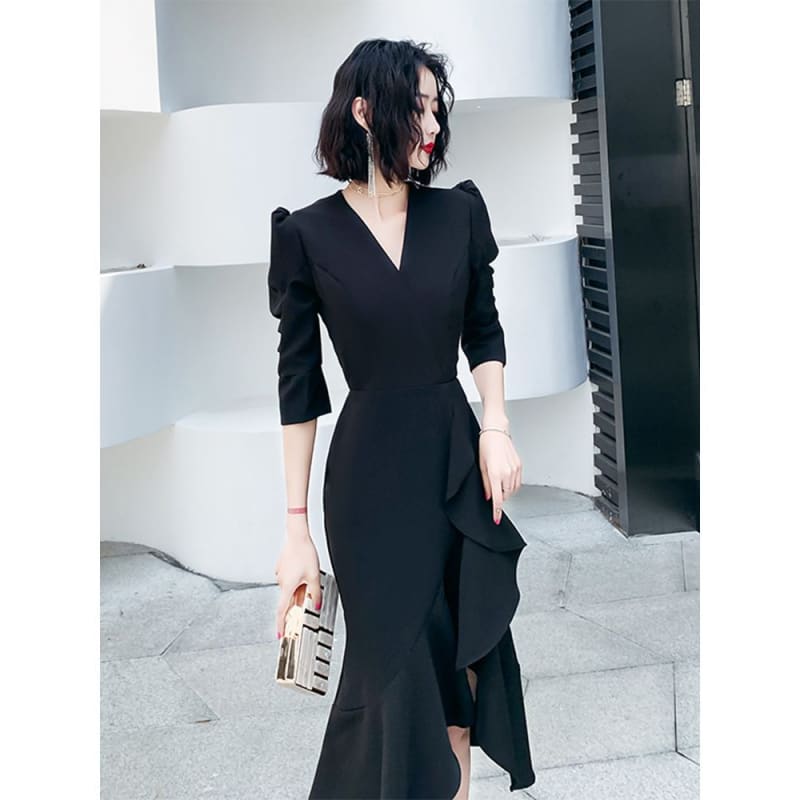 3/4-Sleeve V-Neck Ruffle Asymmetrical Mermaid Cocktail Dress