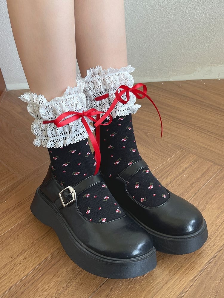 Bowknot Black/White Calf Floral Details Lace Socks Trim Pattern