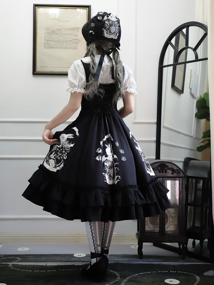 Gothic Bunny Dark Black Slim Print Fit Lolita Dress Waist