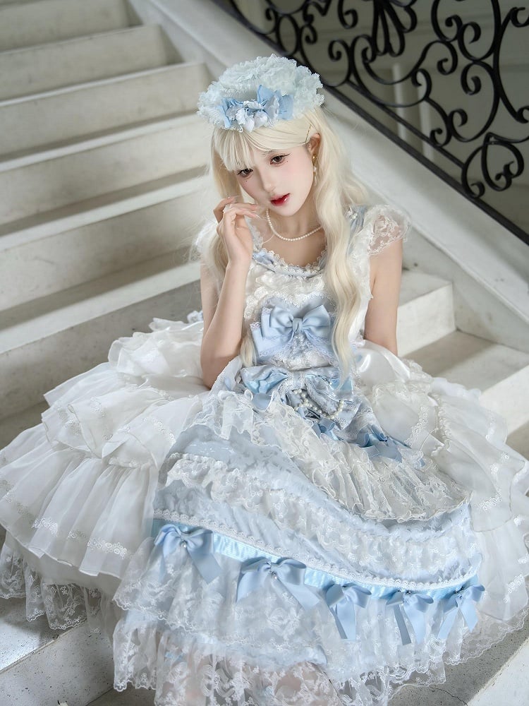 Dress Bows Lolita Full Skirt Blue White Decoration JSK Set Tiered and Hime Hanayome