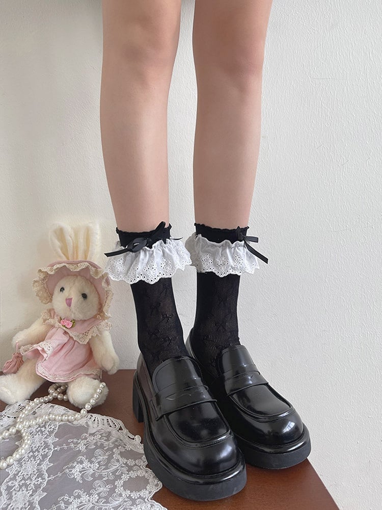 Black/White/Apricot Lace Socks Hollow-out Trim Bowknot Details