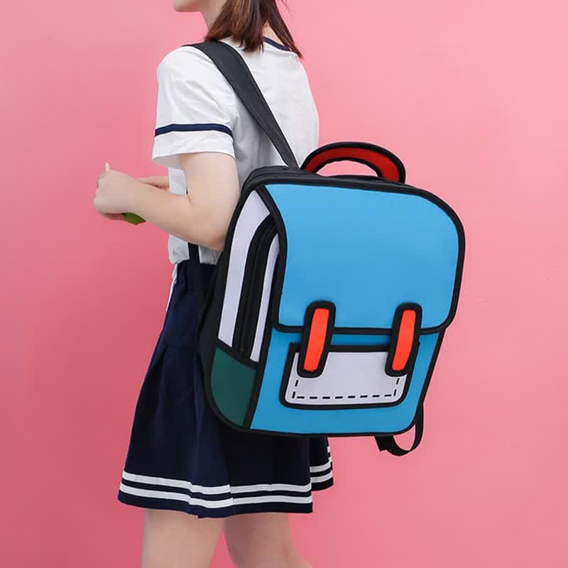 3D Cartoon Colorblock Canvas School Backpack