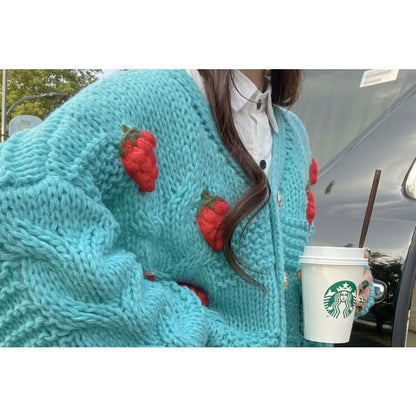 3D-Strawberry Crochet-Knit V-Neck Cardigan