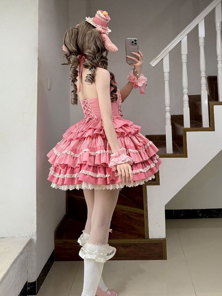 Halter Lolita Dress Sweet Idol Rose Accents Bow Ruffle Skirt Tiered Neck Pink
