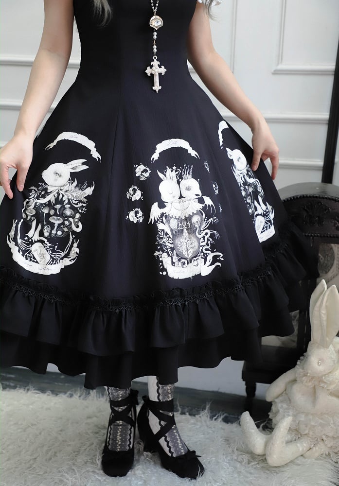Gothic Bunny Dark Black Slim Print Fit Lolita Dress Waist