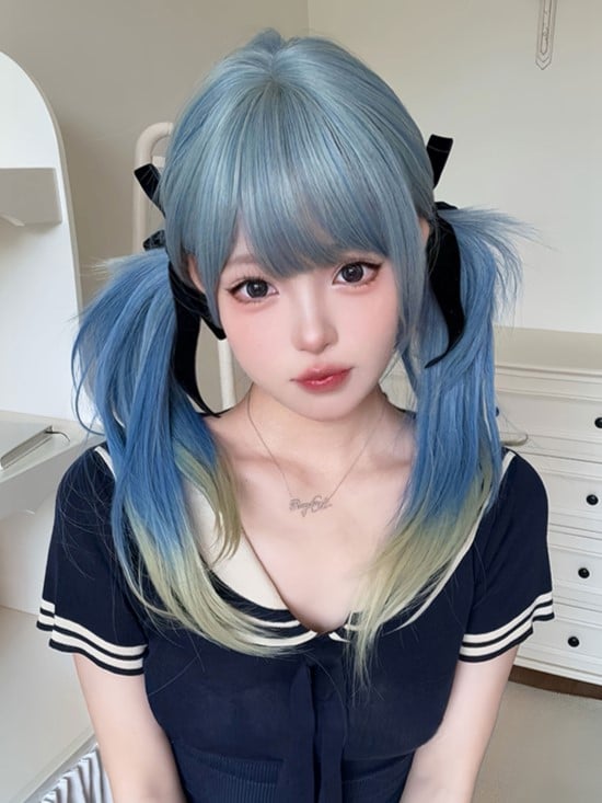 Wig Hime With Ombre Blue Length Cut Straight Hair 65CM Air Color Bangs