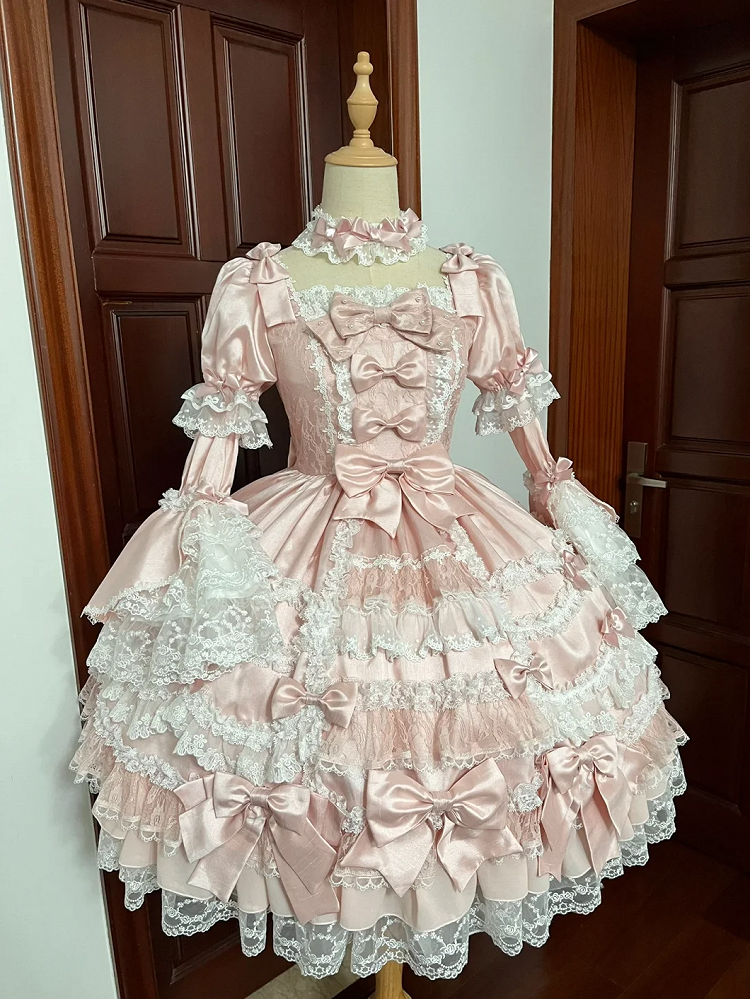 Princess Bow High Lolita Sleeves Sweet Accents Waist with Pink Dress Detachable