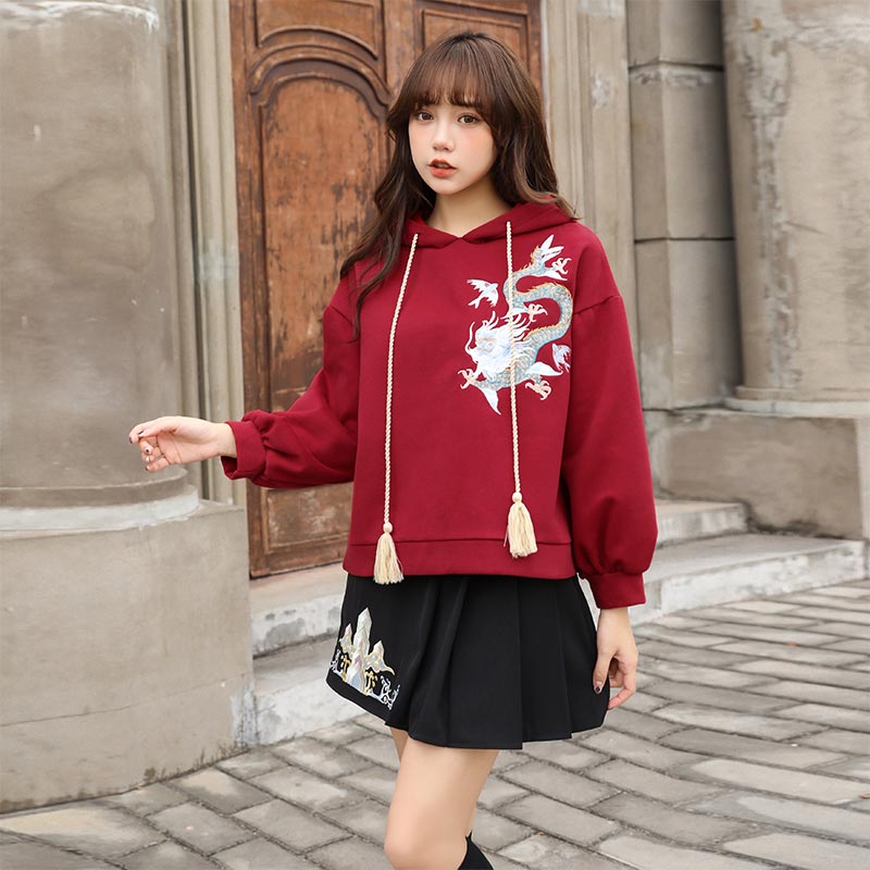 Vintage Dragon Embroidery Hoodie Skirt Set