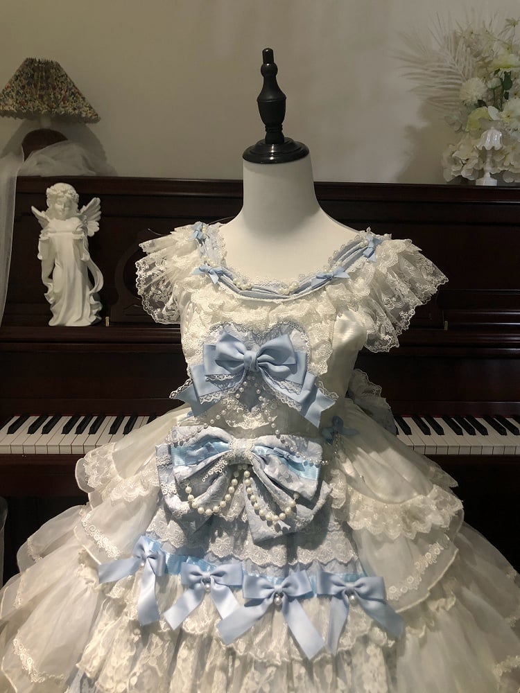 Lolita Decoration Tiered and Hime Skirt Blue Bows Hanayome White Dress