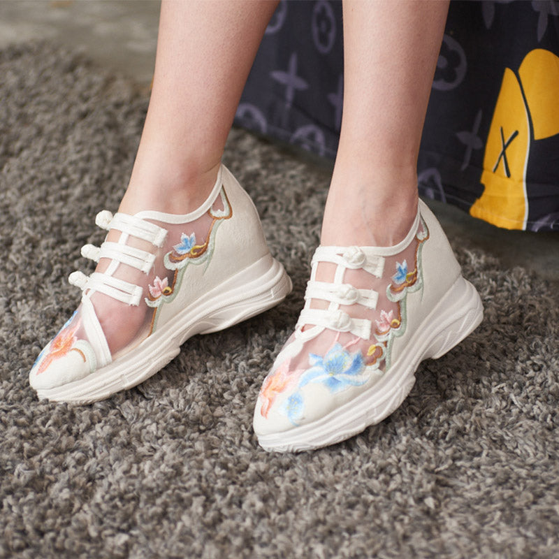 Sweet Blossom Print Buckle Mesh Platform High Heels Shoes