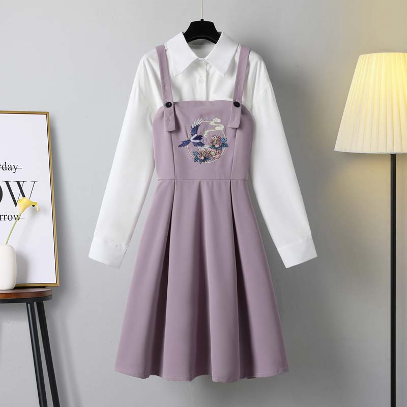 Vintage Floral Pocket Shirt Suspender Dress Set - Shirt