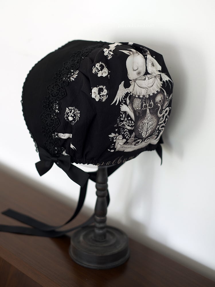 Lolita Print Bunny Black Dark Bonnet
