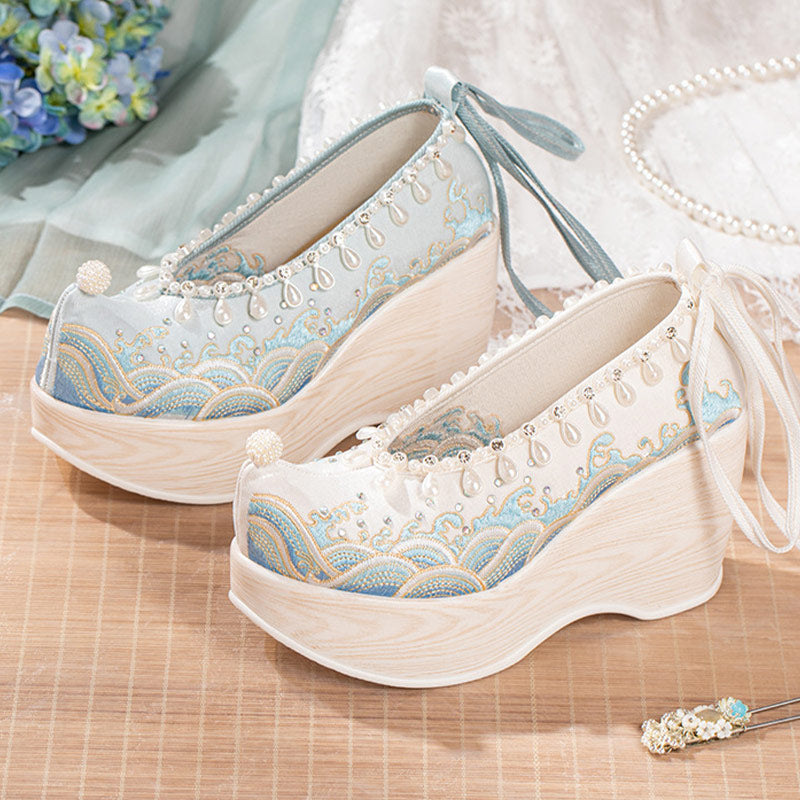 Vintage Wave Print Pearl Platform High Heels Shoes