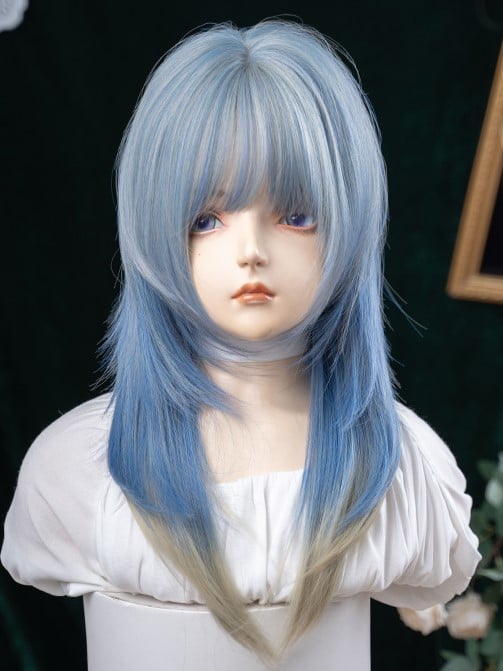 Wig Hime With Ombre Blue Length Cut Straight Hair 65CM Air Color Bangs