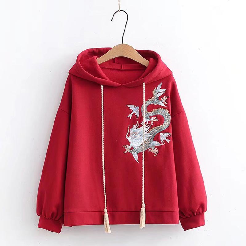 Vintage Dragon Embroidery Hoodie Skirt Set - Hoodie / S