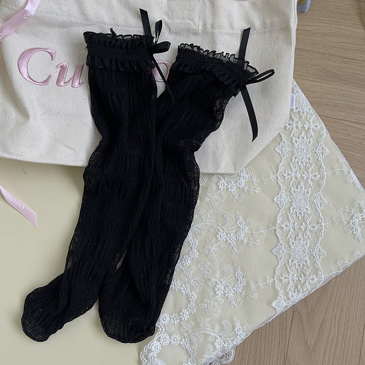White/Black Socks Tulle Lace Ruffled Details Bowknot