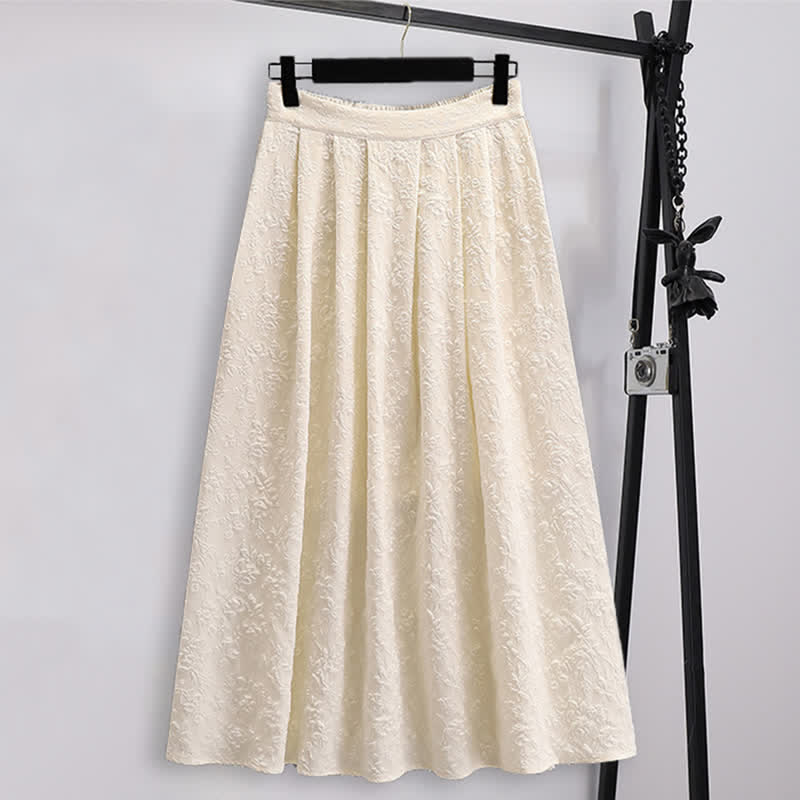 Vintage Hanfu Jacquard Buckle Shirt Pleated Skirt - Apricot