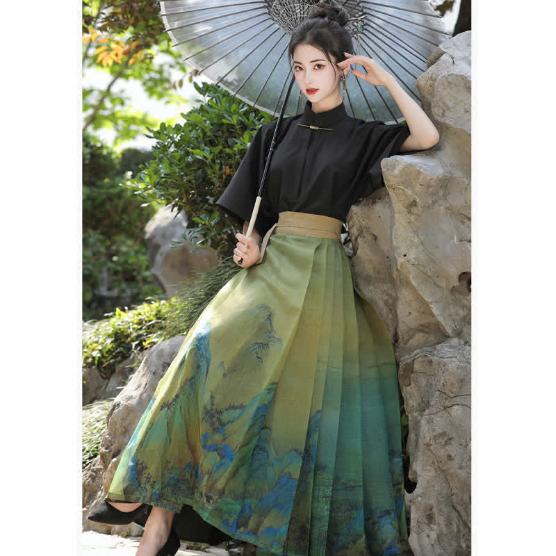 Vintage Buckle Shirt Mountain Print Pleated Skirt