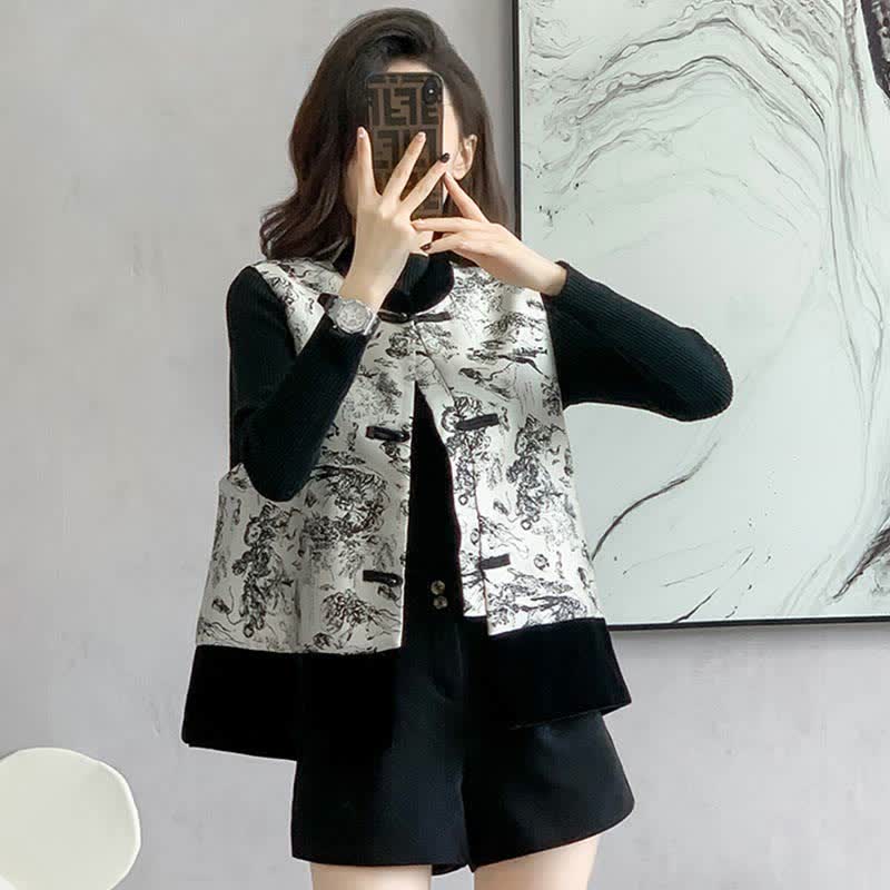 Vintage Floral Print Buckle Long Sleeve Shirt Vest