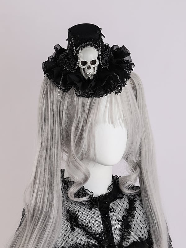 Black Floral Skeleton Design Halloween Hat with Chains